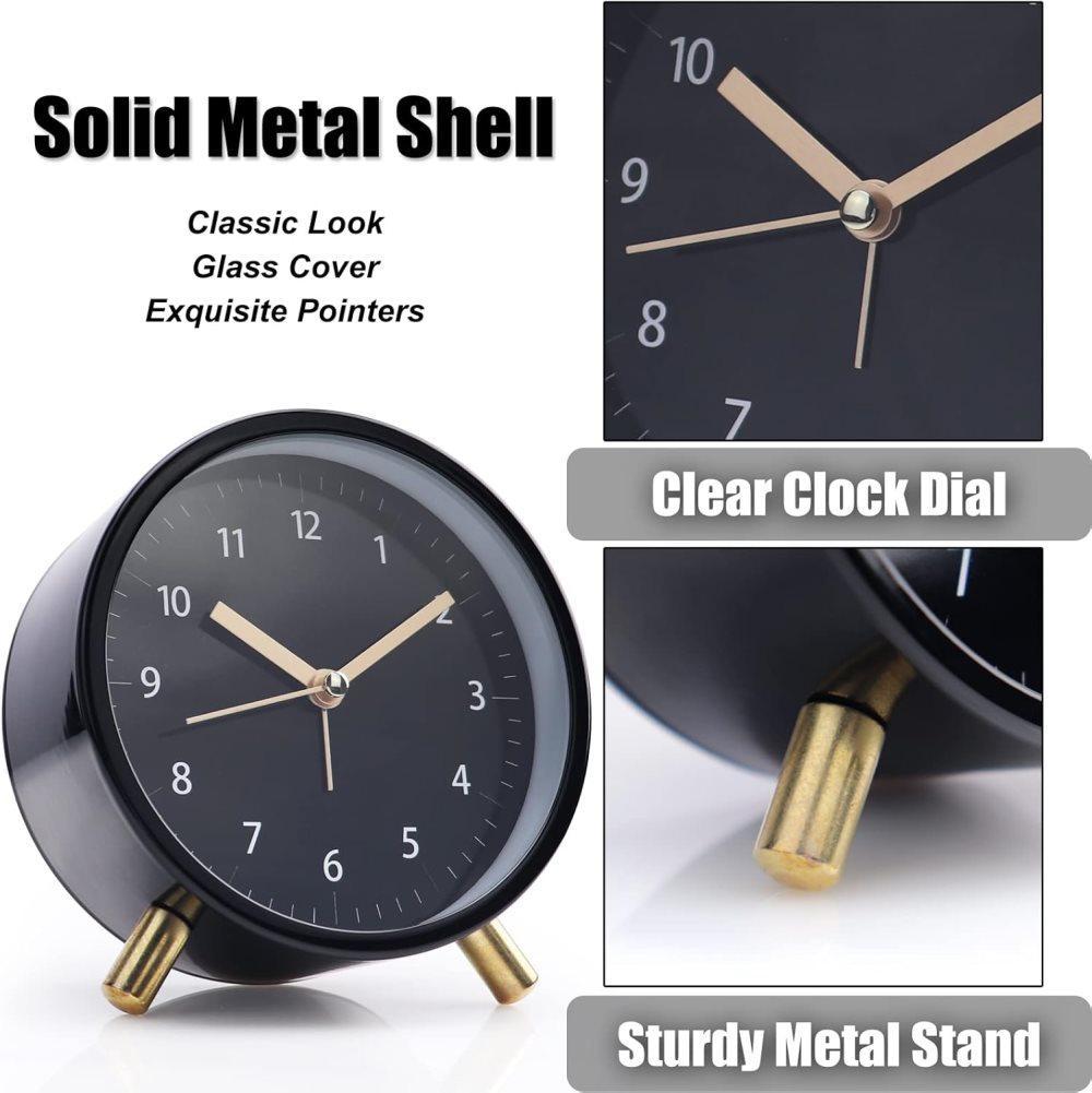 Silent Alarm Clock with Night Light and Backlight, Metal Clock for Bedrooms and Travel, Black V1188-MS-325-0009
