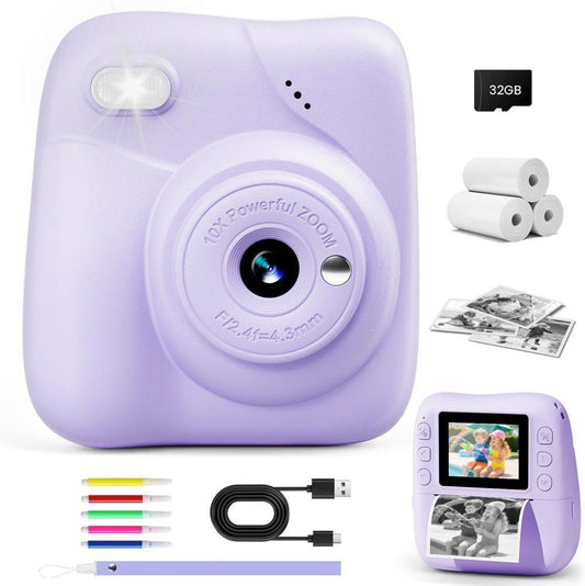 48MP Kids Digital Camera with Instant Print, 1080p FHD, 10x Zoom, 32GB Memory Card, 3-inch Screen, Purple V1188-MS-325-0019