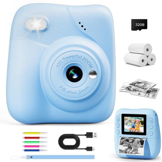 48MP Kids Digital Camera with Instant Print, 1080p FHD, 10x Zoom, 32GB Memory Card, 3-inch Screen, Blue V1188-MS-325-0021