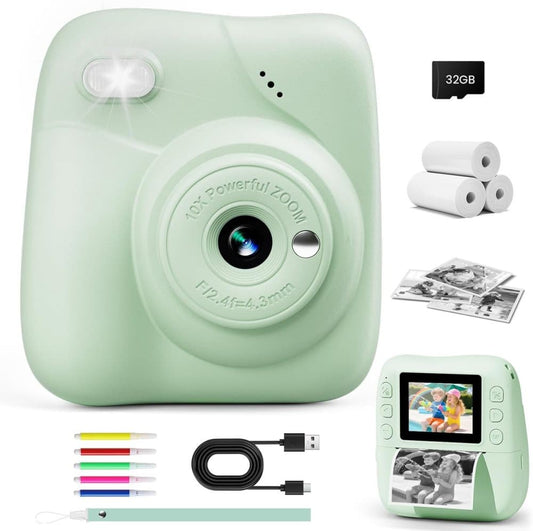 48MP Kids Digital Camera with Instant Print, 1080p FHD, 10x Zoom, 32GB Memory Card, 3-inch Screen, Green V1188-MS-325-0022