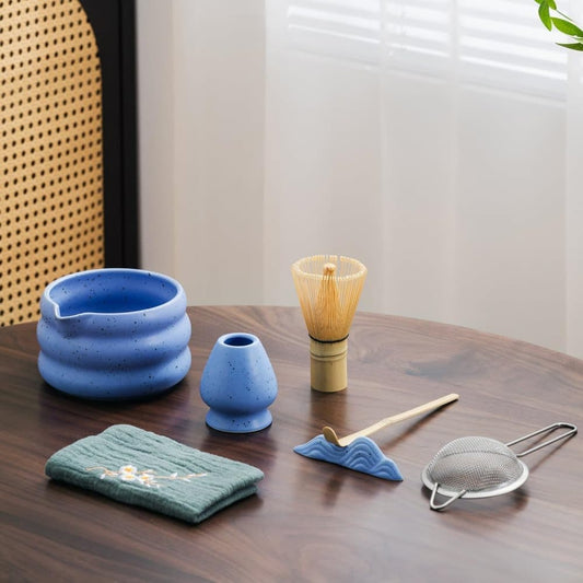 7-Piece Ceramic Matcha Tea Set with Bowl Whisk and Accessories, Blue V1188-MS-325-0027