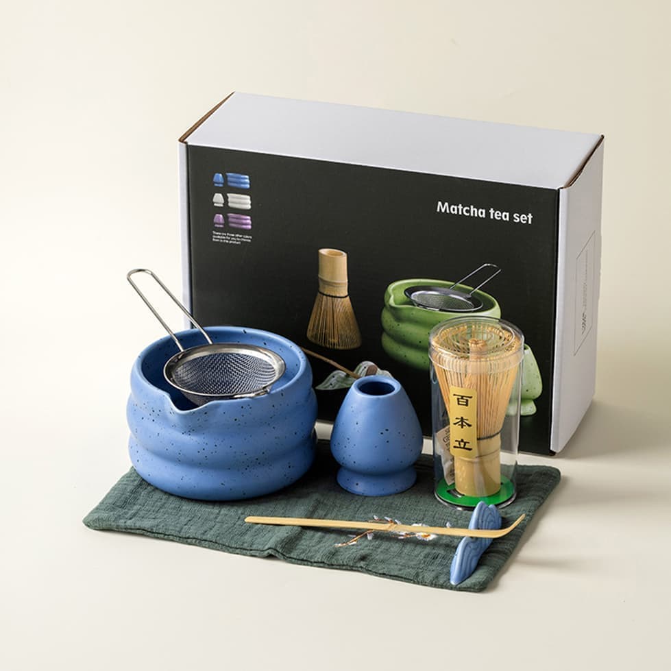 7-Piece Ceramic Matcha Tea Set with Bowl Whisk and Accessories, Blue V1188-MS-325-0027