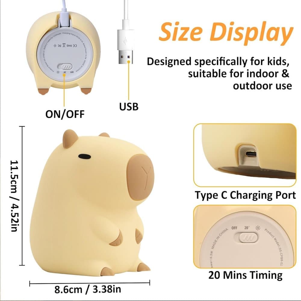 Capybara Night Light Soft Animal Shaped LED Lamp Dimmable with Timer Rechargeable for Kids Room, Portable V1188-MS-325-0034