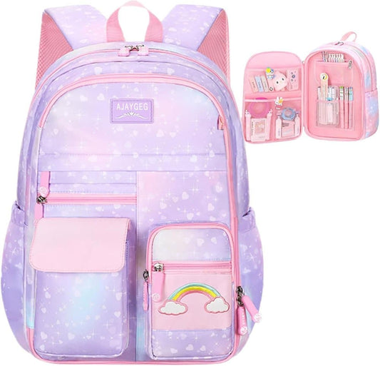 Waterproof Kawaii School Backpack for Girls with Reflective Strap, Purple, Compatible with Children and V1188-MS-325-0036