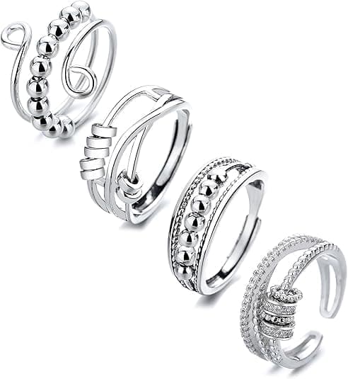 4 pcs Anti-Stress Ring with Rotating Beads, Silver, Compatible with Fidget Spinner Rings V1188-MS-325-0044