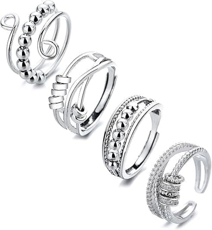 4 pcs Anti-Stress Ring with Rotating Beads, Silver, Compatible with Fidget Spinner Rings V1188-MS-325-0044