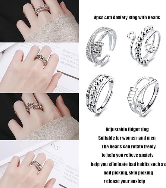 4 pcs Anti-Stress Ring with Rotating Beads, Silver, Compatible with Fidget Spinner Rings V1188-MS-325-0044
