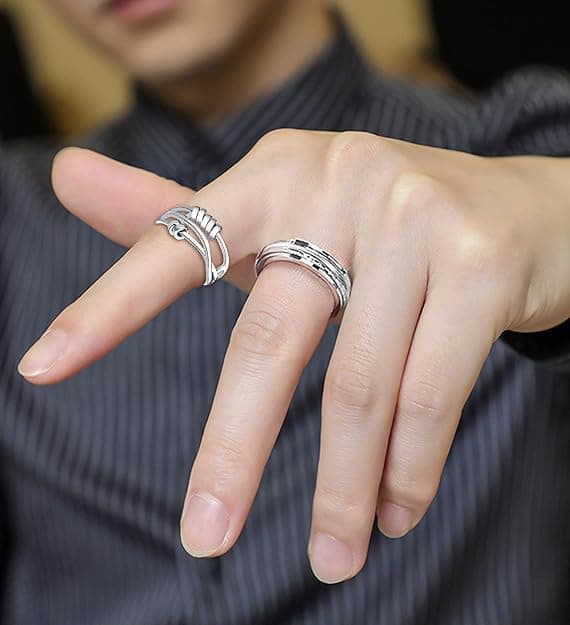 4 pcs Anti-Stress Ring with Rotating Beads, Silver, Compatible with Fidget Spinner Rings V1188-MS-325-0044