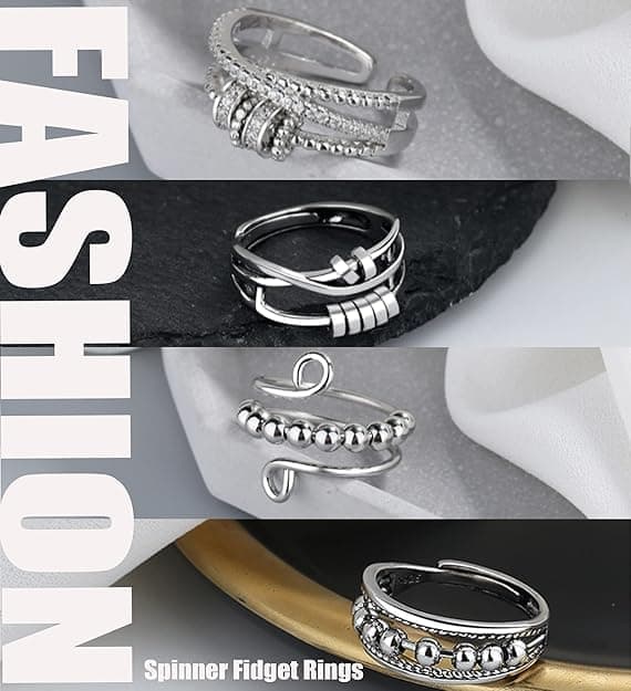 4 pcs Anti-Stress Ring with Rotating Beads, Silver, Compatible with Fidget Spinner Rings V1188-MS-325-0044
