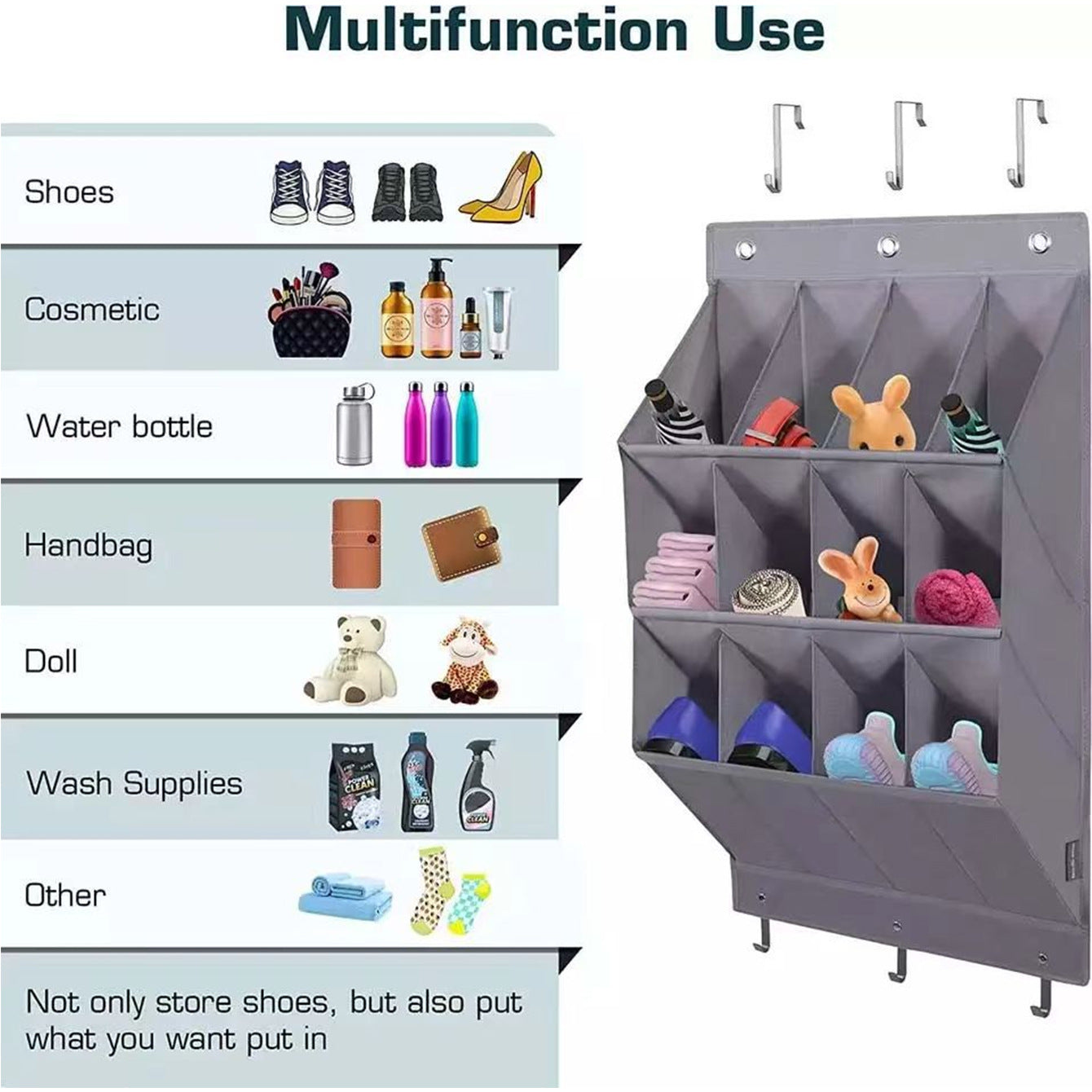 Wall-mounted Shoe and Hat Rack with Hooks, Multi-functional Storage for Door Hanging, Gray V1188-MS-325-0060