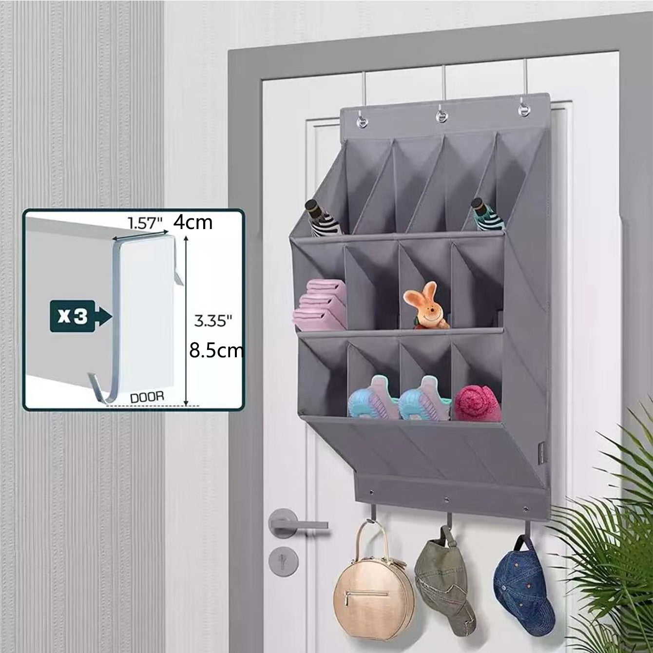 Wall-mounted shoe hat rack with hooks, black, multi-functional storage for door hanging V1188-MS-325-0061