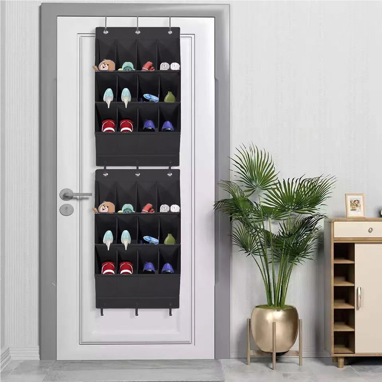 Wall-mounted shoe hat rack with hooks, black, multi-functional storage for door hanging V1188-MS-325-0061