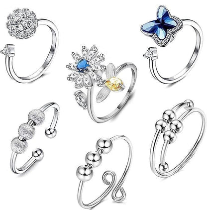 6-Pack Adjustable Antistress Ring with Rotating Beads, Silver V1188-MS-325-0065