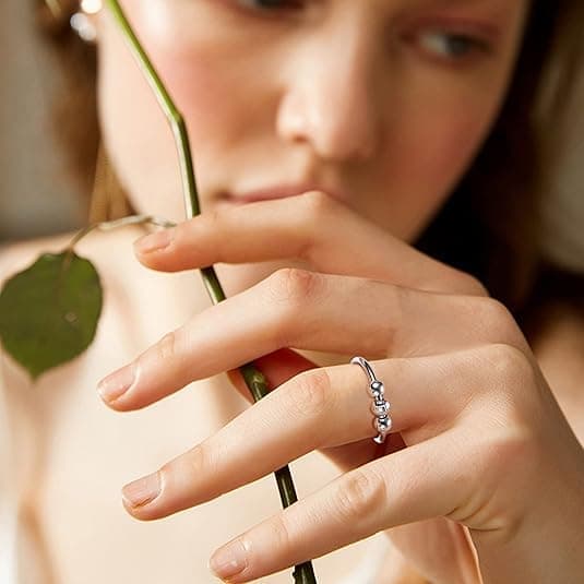 6-Pack Adjustable Antistress Ring with Rotating Beads, Silver V1188-MS-325-0065