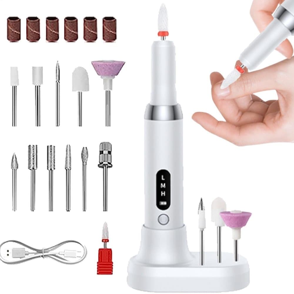 Electric nail file 12 grinding heads rechargeable 15000RPM adjustable speed multifunctional, White V1188-MS-325-0071