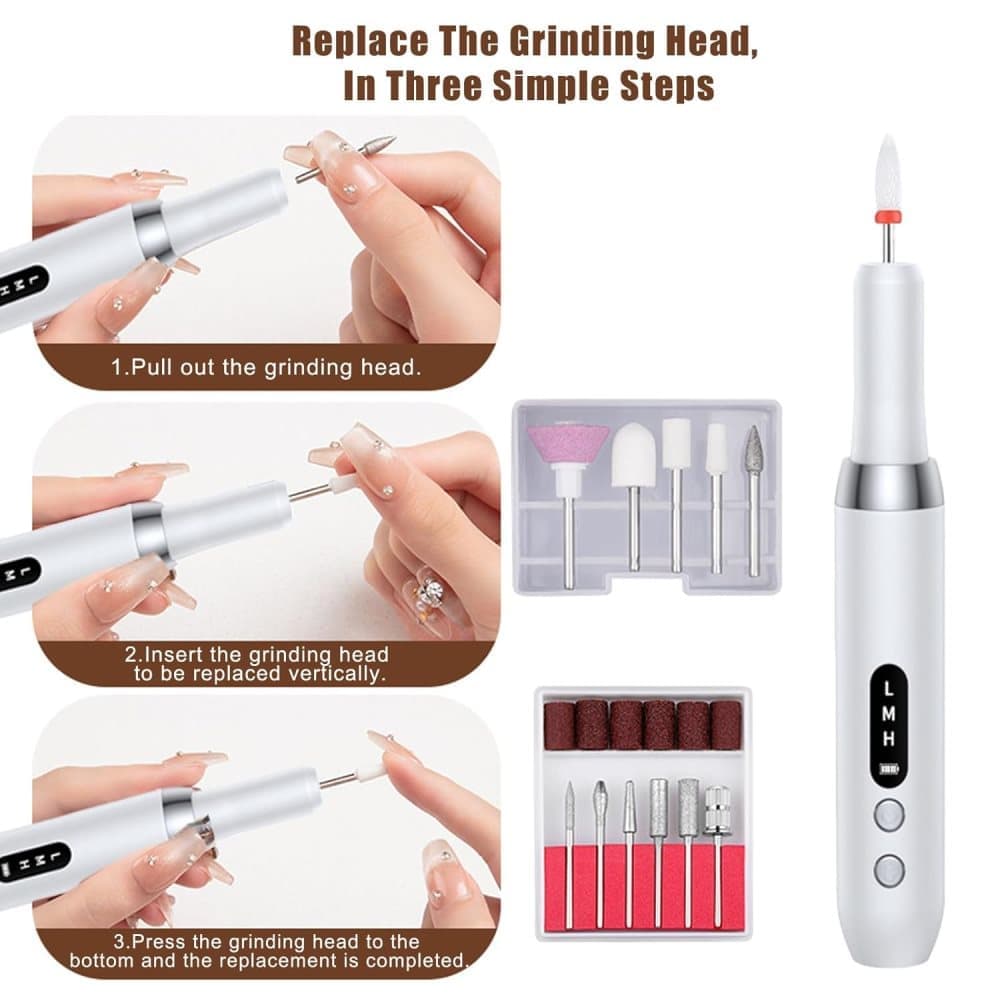 Electric nail file 12 grinding heads rechargeable 15000RPM adjustable speed multifunctional, White V1188-MS-325-0071