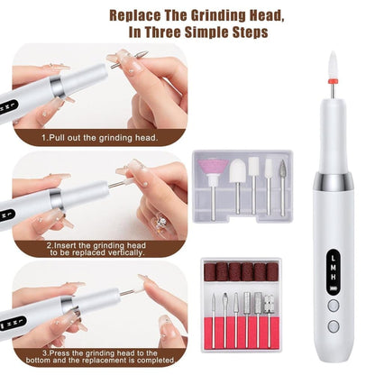Electric nail file 12 grinding heads rechargeable 15000RPM adjustable speed multifunctional, White V1188-MS-325-0071