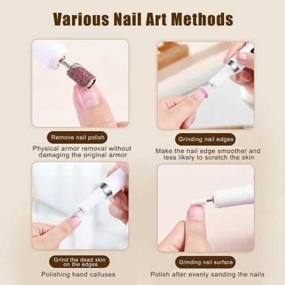 Electric nail file 12 grinding heads rechargeable 15000RPM adjustable speed multifunctional, White V1188-MS-325-0071