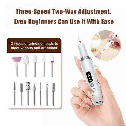 Electric nail file 12 grinding heads rechargeable 15000RPM adjustable speed multifunctional, White V1188-MS-325-0071