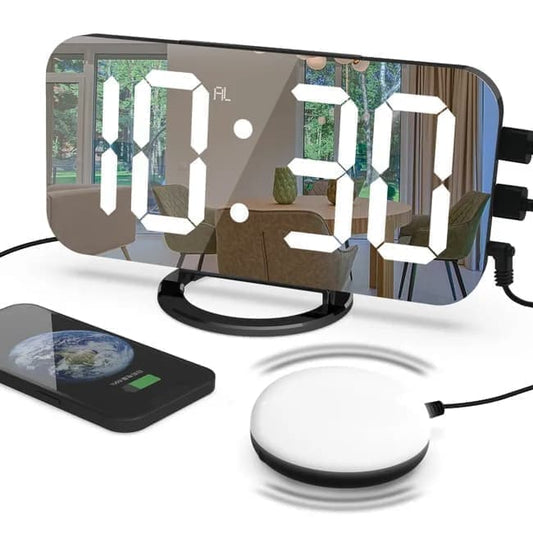 LED Alarm Clock with Bed Shaker for Heavy Sleepers, Digital Mirror Display, Compatible with Philips, Black V1188-MS-325-0076