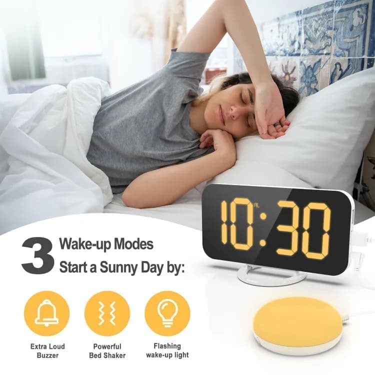 Digital Alarm Clock with Bed Shaker for Heavy Sleepers, LED Mirror Display, Compatible with Philips, Yellow V1188-MS-325-0077