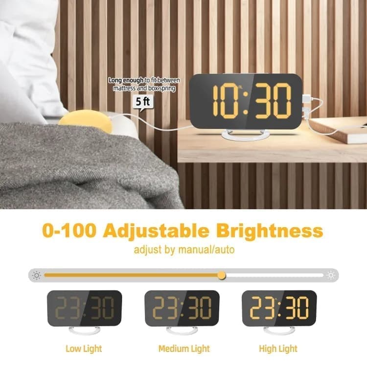 Digital Alarm Clock with Bed Shaker for Heavy Sleepers, LED Mirror Display, Compatible with Philips, Yellow V1188-MS-325-0077