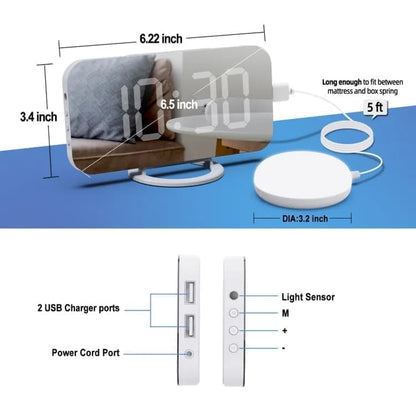 Digital LED Mirror Alarm Clock with Bed Shaker for Heavy Sleepers, White, compatible with Braun and Philips V1188-MS-325-0078