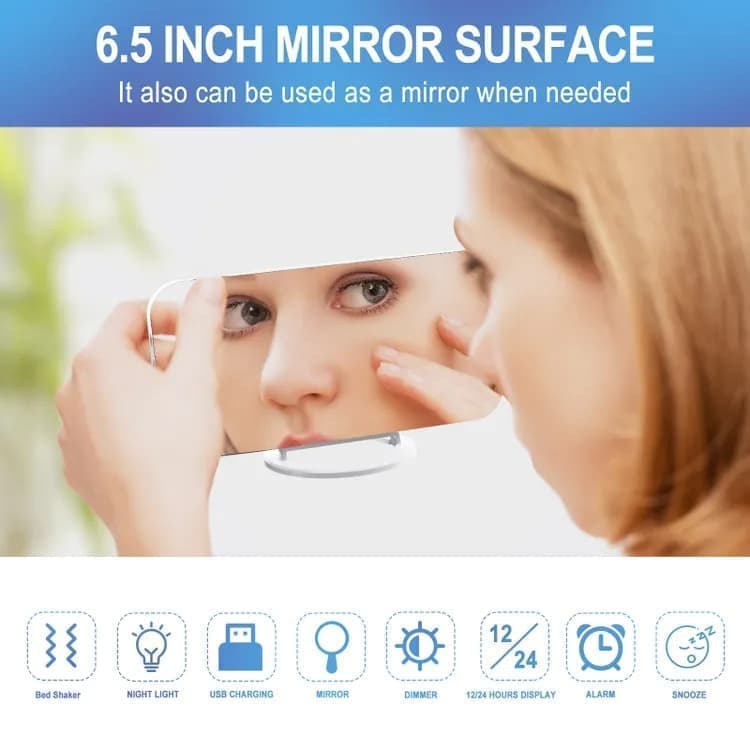 Digital LED Mirror Alarm Clock with Bed Shaker for Heavy Sleepers, White, compatible with Braun and Philips V1188-MS-325-0078