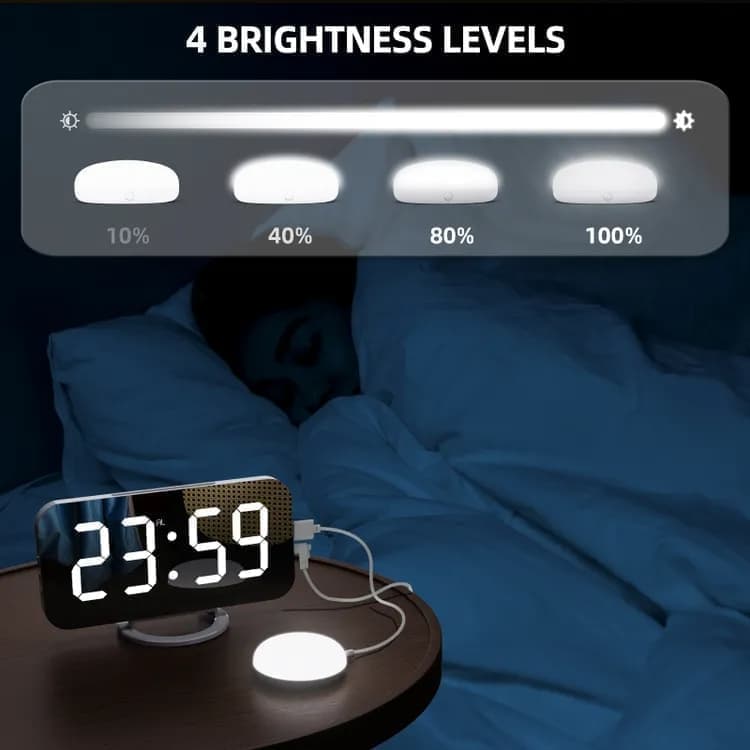 Digital LED Mirror Alarm Clock with Bed Shaker for Heavy Sleepers, White, compatible with Braun and Philips V1188-MS-325-0078