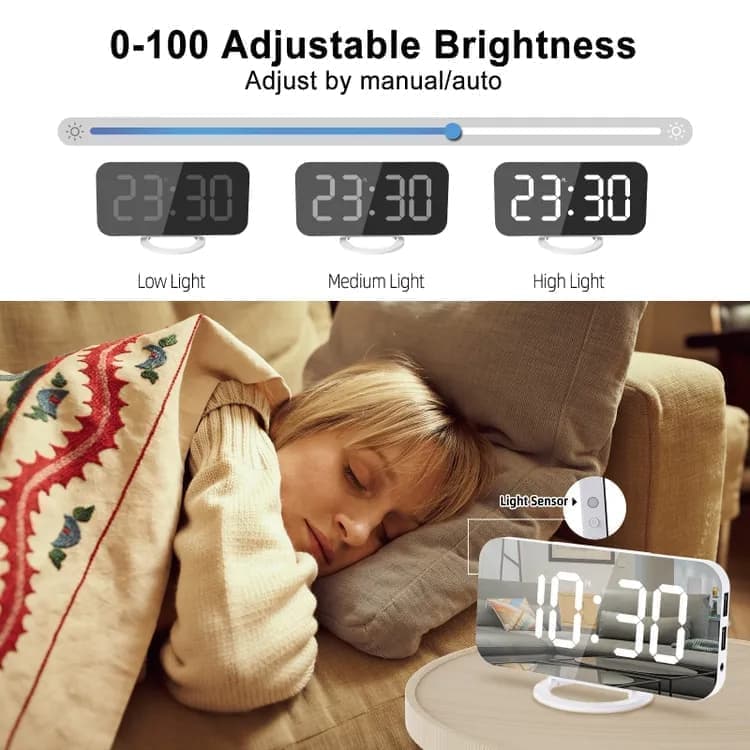 Digital LED Mirror Alarm Clock with Bed Shaker for Heavy Sleepers, White, compatible with Braun and Philips V1188-MS-325-0078