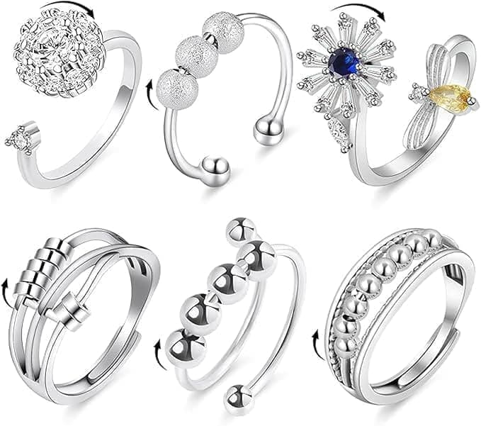 6 pcs Rotatable Anti-Stress Ring with Rotating Beads, Silver, Compatible with Fidget Spinner Rings V1188-MS-325-0095