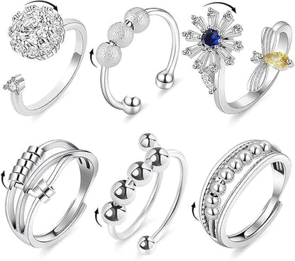 6 pcs Rotatable Anti-Stress Ring with Rotating Beads, Silver, Compatible with Fidget Spinner Rings V1188-MS-325-0095