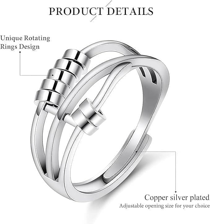 6 pcs Rotatable Anti-Stress Ring with Rotating Beads, Silver, Compatible with Fidget Spinner Rings V1188-MS-325-0095
