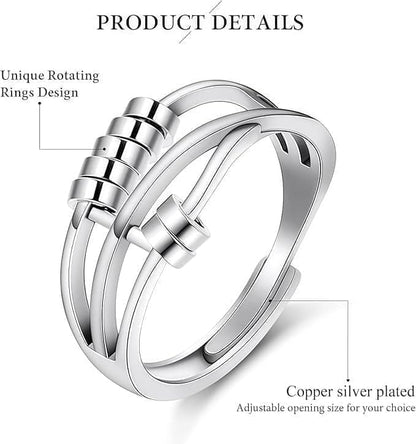 6 pcs Rotatable Anti-Stress Ring with Rotating Beads, Silver, Compatible with Fidget Spinner Rings V1188-MS-325-0095