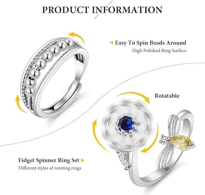 6 pcs Rotatable Anti-Stress Ring with Rotating Beads, Silver, Compatible with Fidget Spinner Rings V1188-MS-325-0095