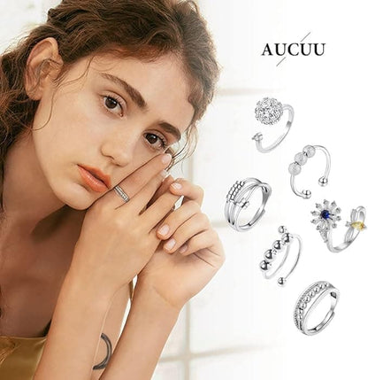 6 pcs Rotatable Anti-Stress Ring with Rotating Beads, Silver, Compatible with Fidget Spinner Rings V1188-MS-325-0095
