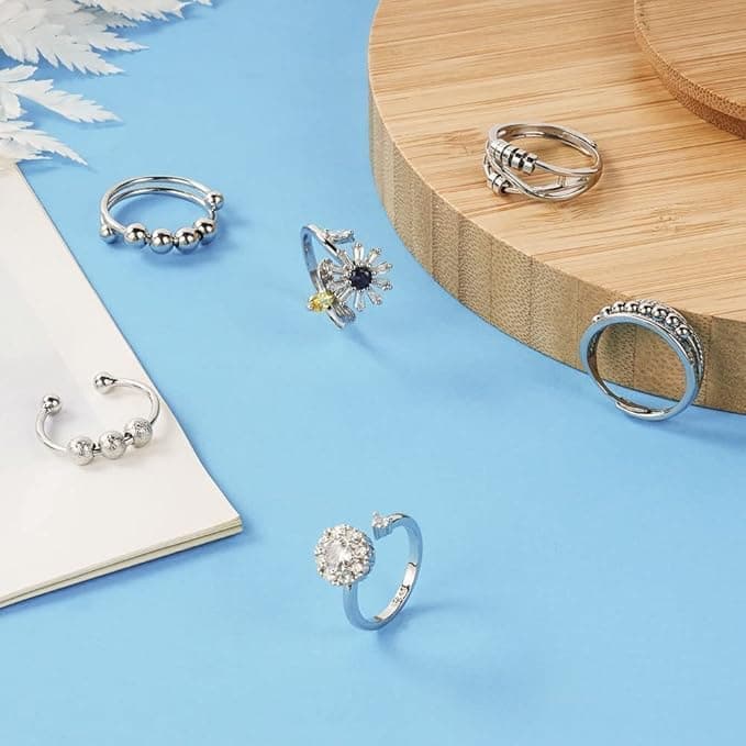 6 pcs Rotatable Anti-Stress Ring with Rotating Beads, Silver, Compatible with Fidget Spinner Rings V1188-MS-325-0095