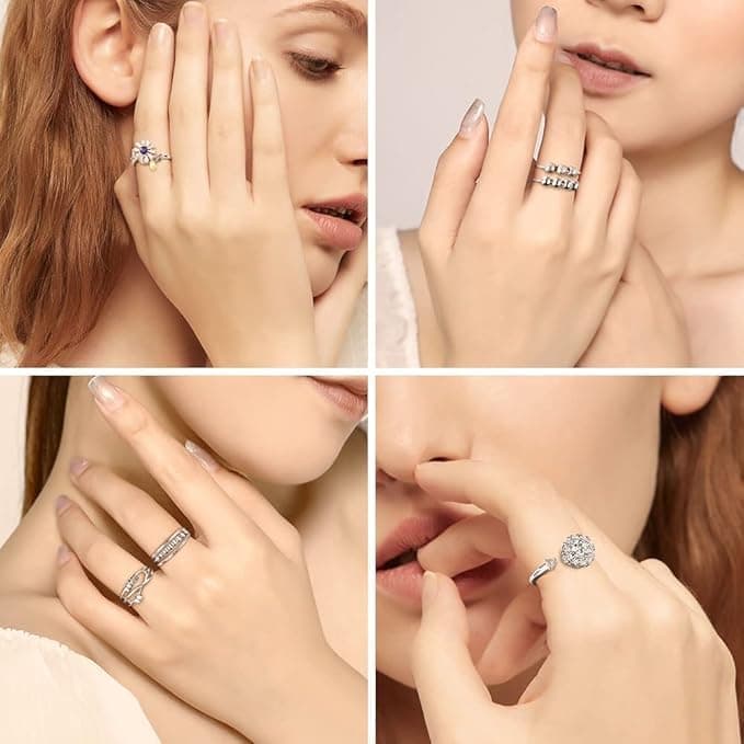 6 pcs Rotatable Anti-Stress Ring with Rotating Beads, Silver, Compatible with Fidget Spinner Rings V1188-MS-325-0095
