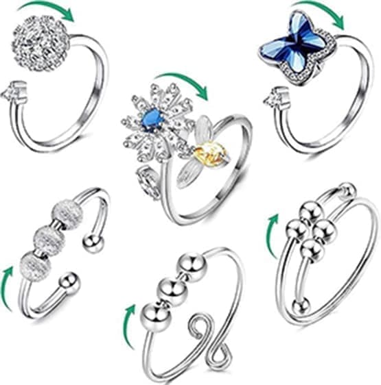6-Pack Adjustable Anti-Stress Ring with Rotating Beads, Silver, Compatible with Fidget Spinner Rings V1188-MS-325-0097