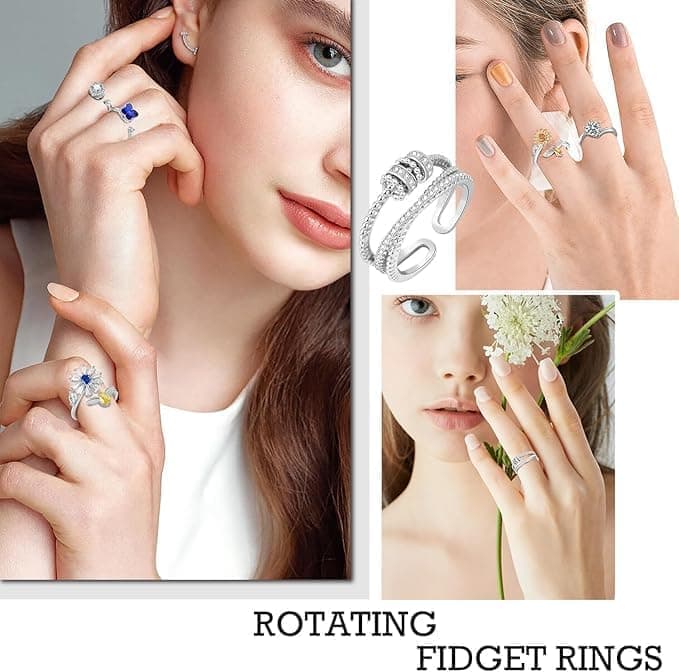 6-Pack Adjustable Anti-Stress Ring with Rotating Beads, Silver, Compatible with Fidget Spinner Rings V1188-MS-325-0097