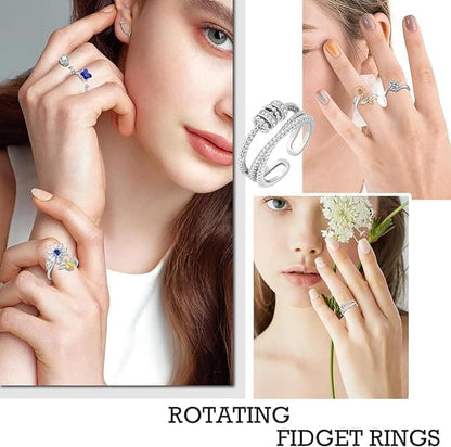 6-Pack Adjustable Anti-Stress Ring with Rotating Beads, Silver, Compatible with Fidget Spinner Rings V1188-MS-325-0097