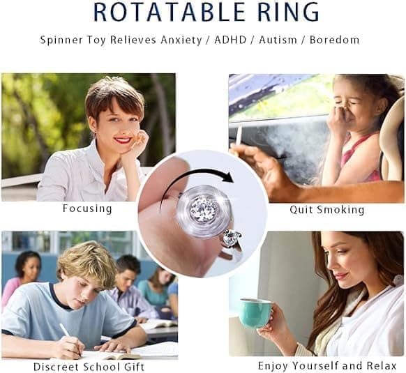 6-Pack Adjustable Anti-Stress Ring with Rotating Beads, Silver, Compatible with Fidget Spinner Rings V1188-MS-325-0097