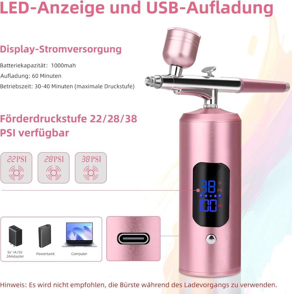 Wireless Airbrush Machine with USB Charging 3 Speed Modes for Nail Art Cake Decorating and Painting, Pink V1188-MS-325-0103
