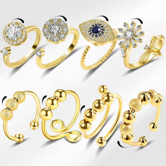 8 pcs Adjustable Antistress Ring with Rotating Beads, Gold, Compatible with Fidget Spinner Rings V1188-MS-325-0117