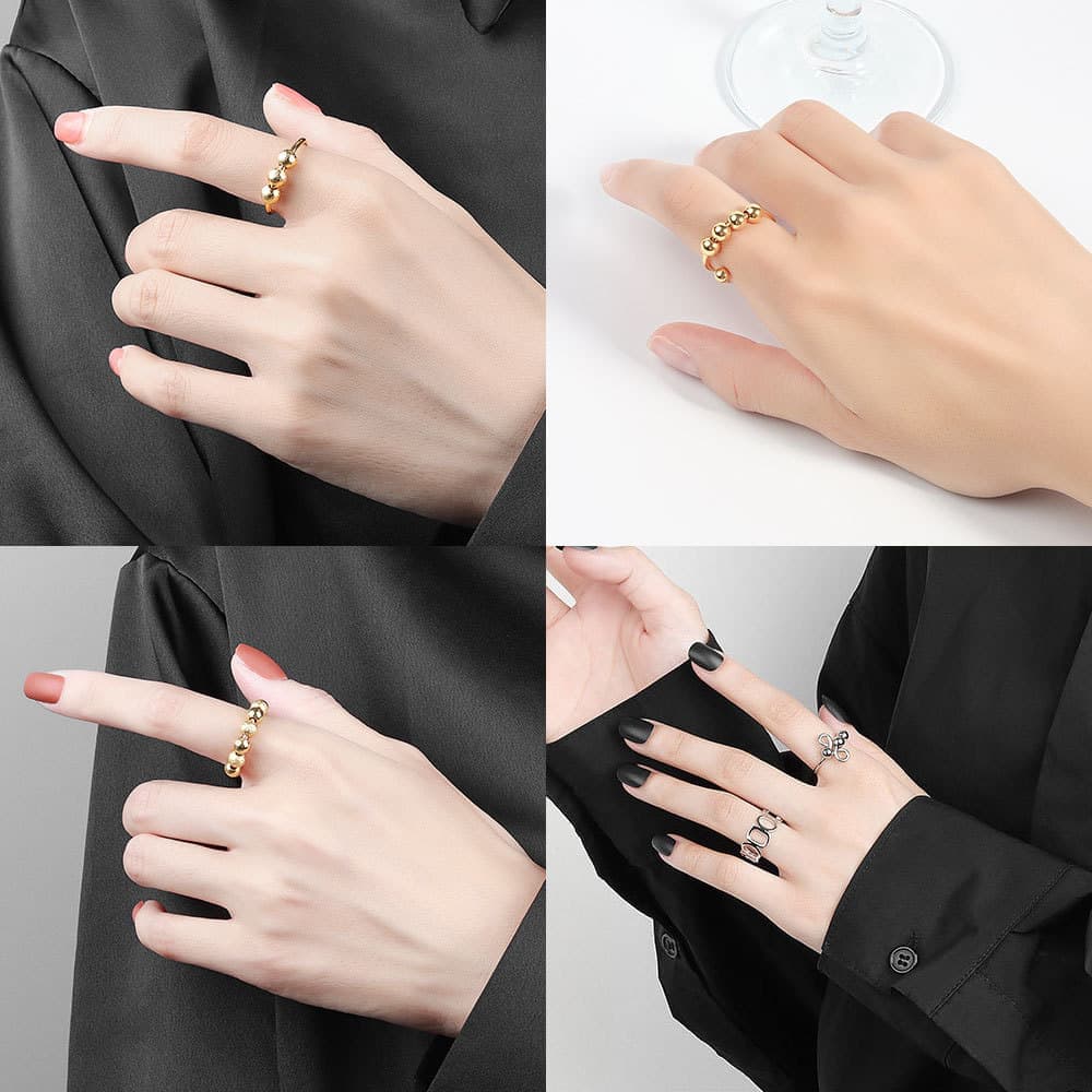 8 pcs Adjustable Antistress Ring with Rotating Beads, Gold, Compatible with Fidget Spinner Rings V1188-MS-325-0117