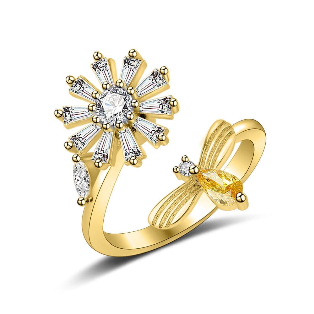 8 pcs Adjustable Antistress Ring with Rotating Beads, Gold, Compatible with Fidget Spinner Rings V1188-MS-325-0117