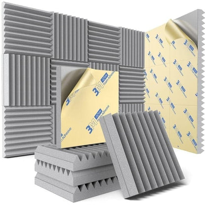 12 Self-Adhesive Acoustic Panels, High Density Sound Absorbing Insulation, Grey, 30x30x5cm V1188-MS-325-0118