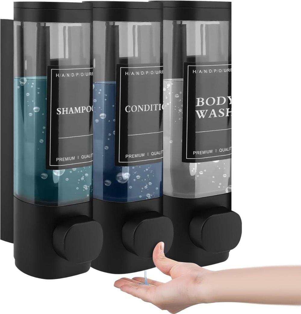 3-Pack Wall Mounted Soap Dispenser for Shampoo & Soap, 300ml x3, 3-Compartment Shower Dispenser, Black V1188-MS-325-0119