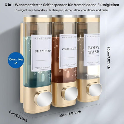 3-Pack Wooden Wall Mounted Soap Dispenser for Shampoo & Soap, 300ml x3, 3-Compartment Shower Dispenser V1188-MS-325-0120