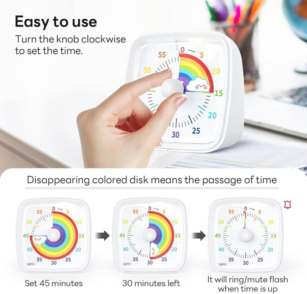 60 Minutes Visual Timer with Rainbow Pattern, Silent Flash Function, Adjustable Volume, White V1188-MS-325-0126